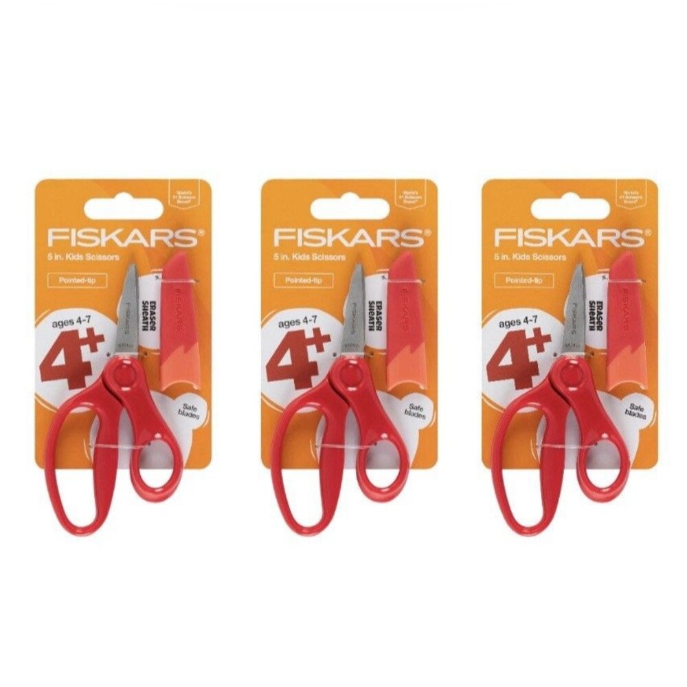 3x Fiskars 5" Kids Scissors Pointed Tip Eraser Sheath Ages 4+ Red